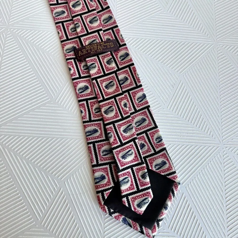 Vintage Museum Artifacts Jenny Airplane 24 Stamp Silk Neck Tie Inverted
